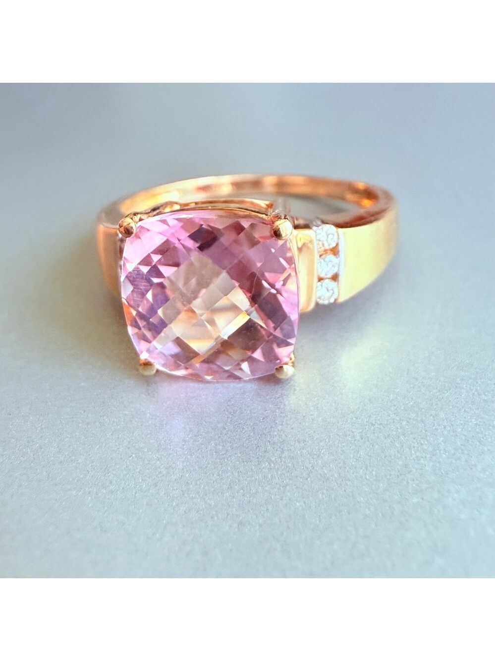 Estate 14K Solid Yellow Gold 4.6 CT Natural Pink Topaz Diamond Chatelaine Ring - Picture 2 of 12